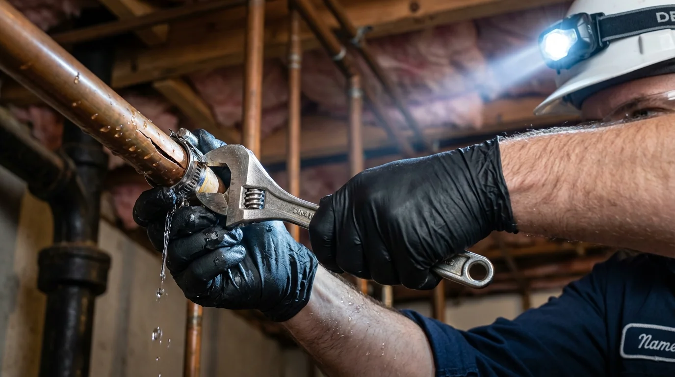 Emergency pipe clamp repair being performed by a Johns Plumbing LLC plumber in Weston