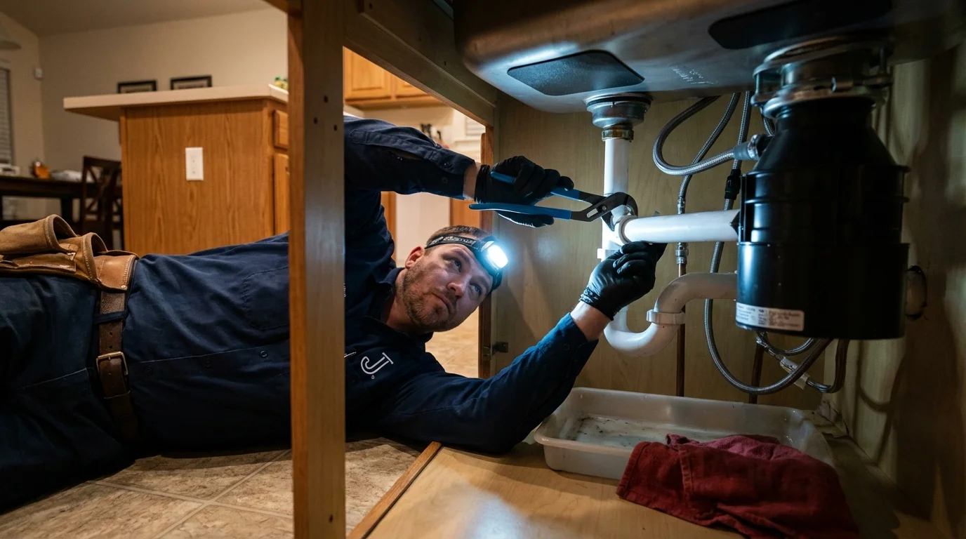 P-trap and supply line connections under a kitchen sink showing a common leak point in Weston, WV